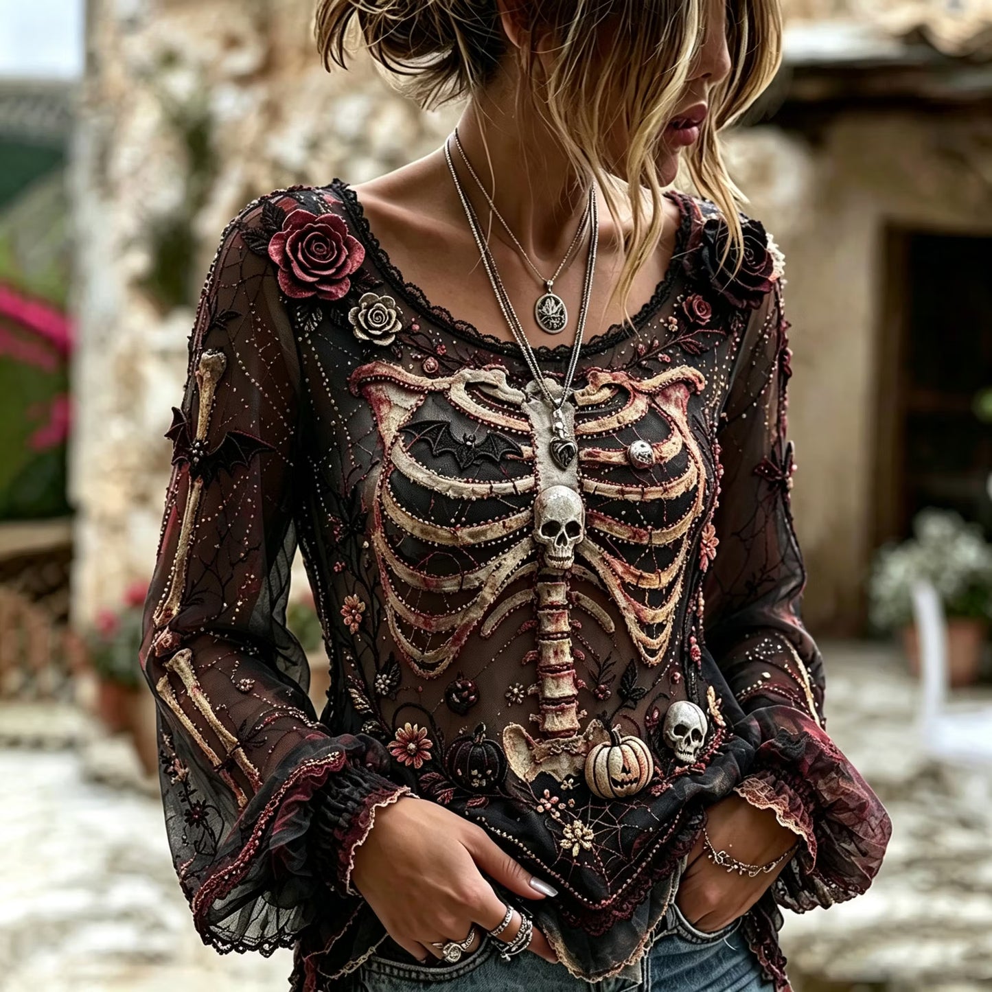 Vintage Halloween Skull And Floral Art Casual Long Sleeve Top