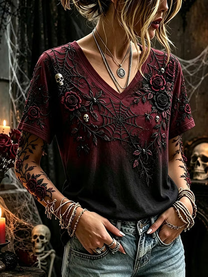 Women's Retro Skull Rose Spider V-neck Cotton Linen Short-sleeve T-shirt