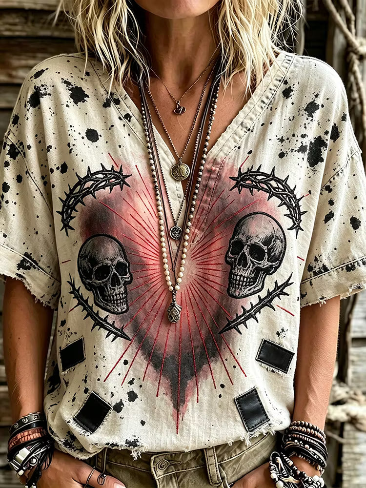 Women's Retro Rock Bleached Distressed Twin Skull Thorn Heart Print Top