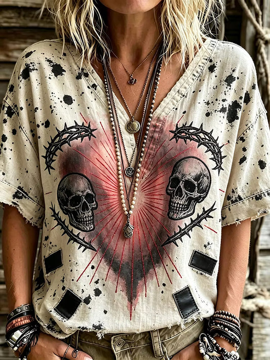Women's Retro Rock Bleached Distressed Twin Skull Thorn Heart Print Top