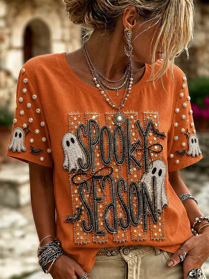 Women's Halloween Ghost Pattern Crew Neck Short Sleeve T-shirt