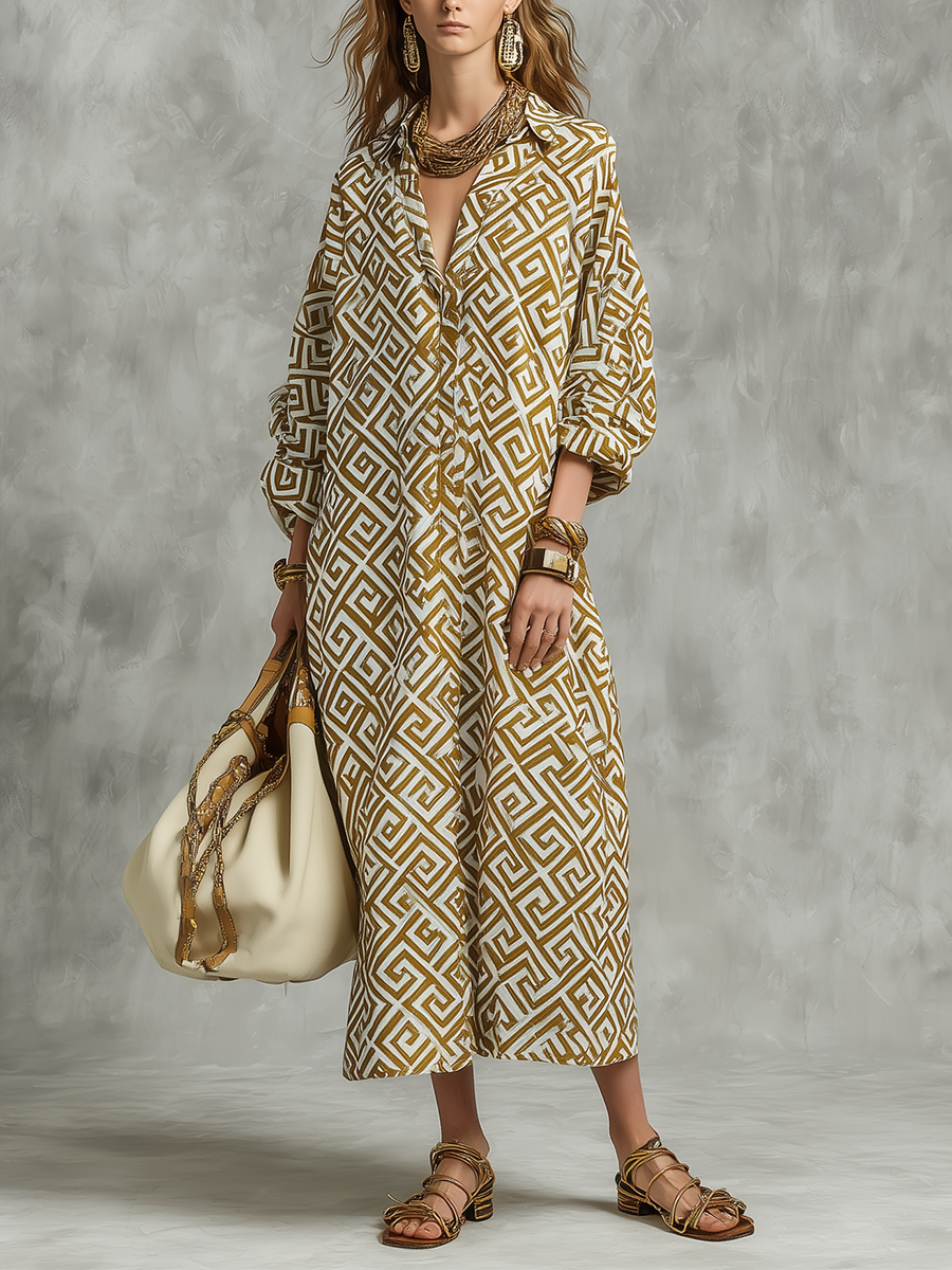 Geometric Print Comfortable Long Dress Suitable For Both Work And Vacation