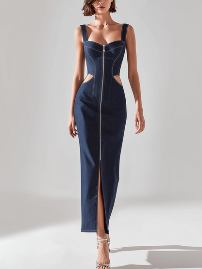 Sculpted Zip-Front Denim Maxi Dress