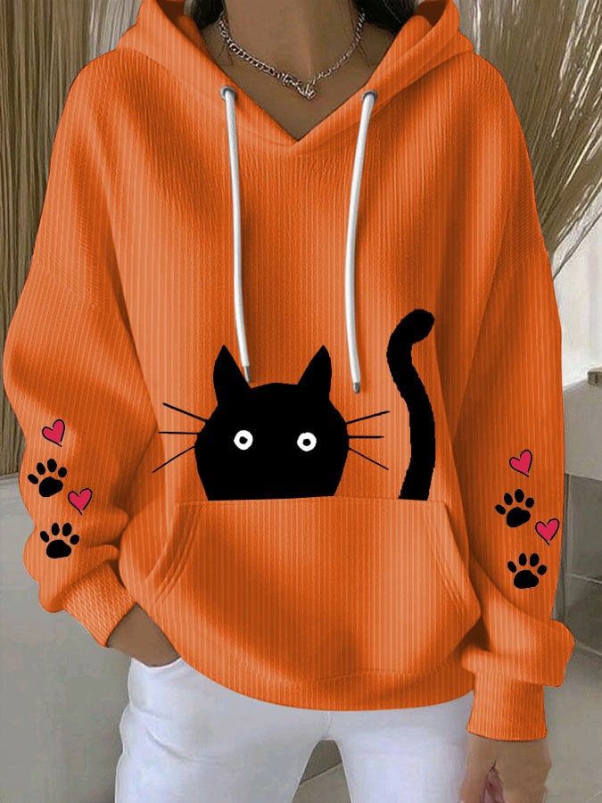 Women's Retro Animal Cat Paw Print Casual Hoodie