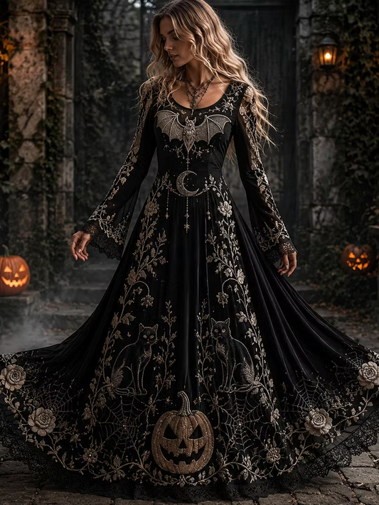 Women's Halloween Gothic Black Bat, Cat & Floral Lace Maxi Dress