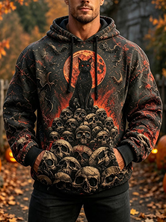 Men's Retro Halloween Style Blood Moon, Cat, And Skull Print Hoodie