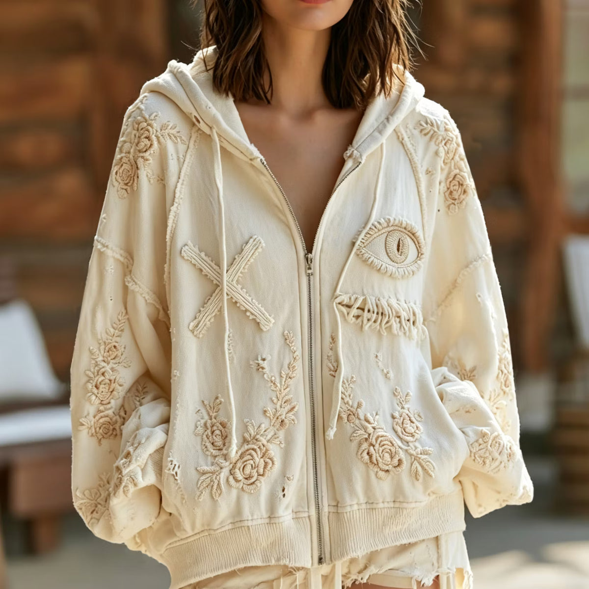 Women's Retro Halloween Themed Sewn Face And Floral Embroidery Hooded Jacket