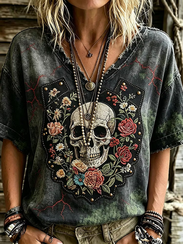 Women's Vintage Washed Skull Rose Embroidery V Neck T Shirt