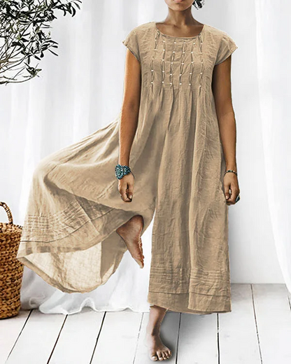 Solid Relaxed Loose Pleated Linen Jumpsuit