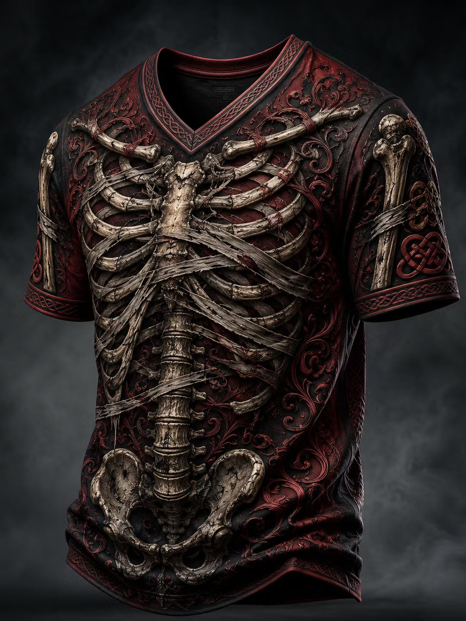 Men's Halloween Gothic Skull Bandage Print Casual V Neck T-shirt