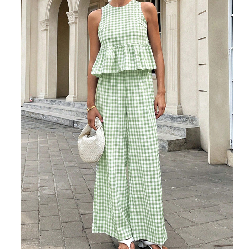 Women's 2 Piece Plaid Print Outfits Ruffle Top & Pants