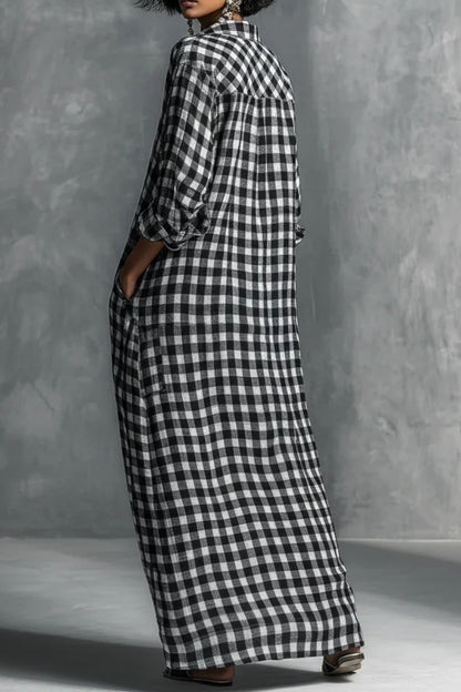 Women's Casual Black And White Checkered Shirt-style Long Dress