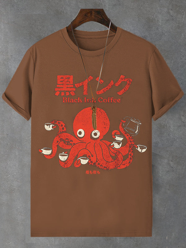 Men's Octopus Coffee Japanese Art Print Cotton Casual T-Shirt