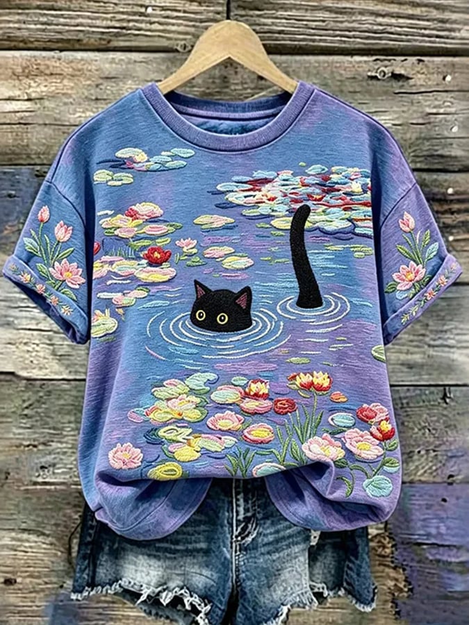 Women'S Casual Short-Sleeve Crew-Neck T-Shirt With Cute Cat Print