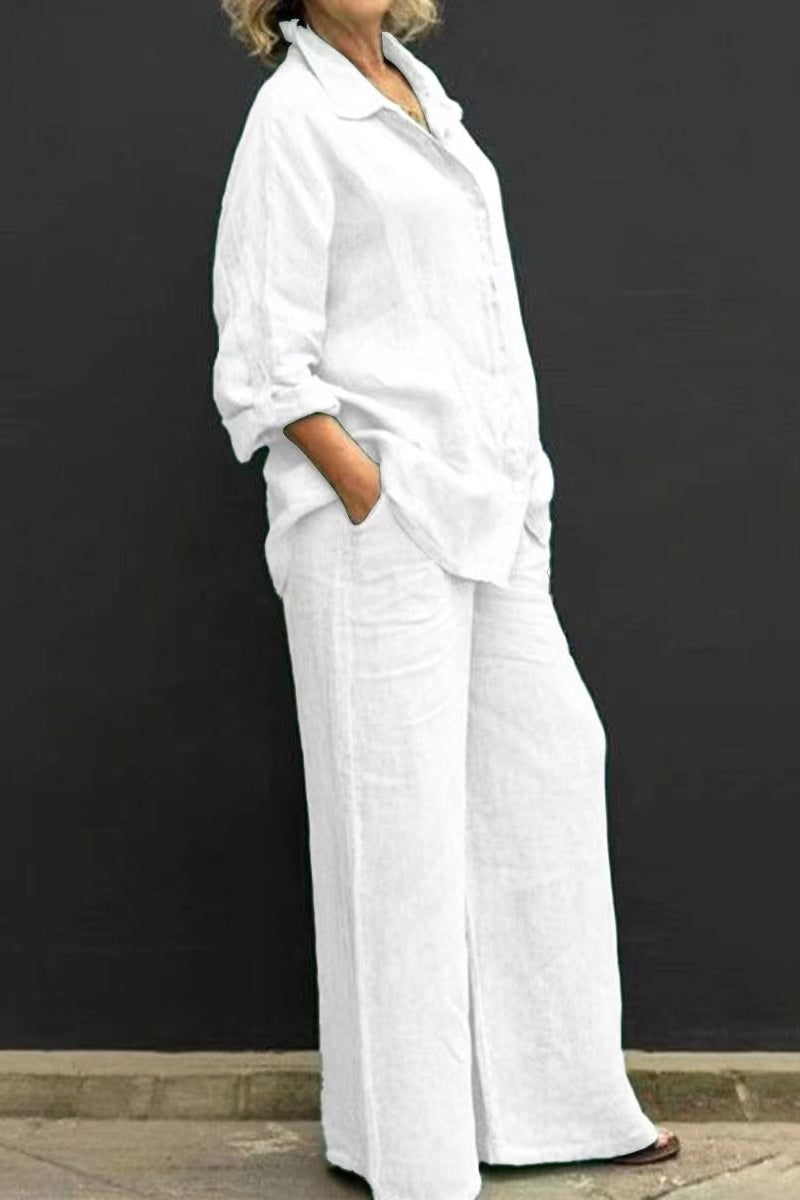 Women Linen Lapel Shirt Two Pieces Set Vintage Solid Long Sleeve Button Blouse and Loose Straight Pants Casual Suits