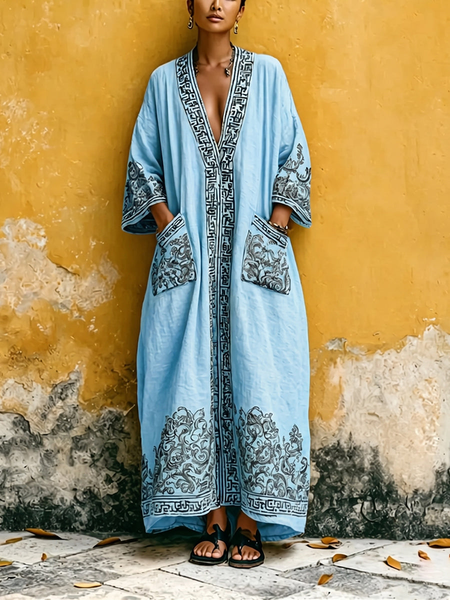 Bohemian Vintage-print Cotton-linen Maxi Dress