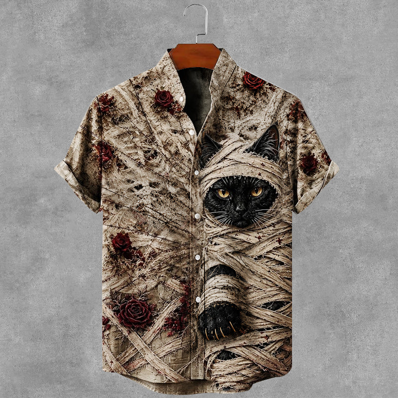 Men's Gothic Bandage Black Cat Rose Art Short Sleeve Linen Shirt