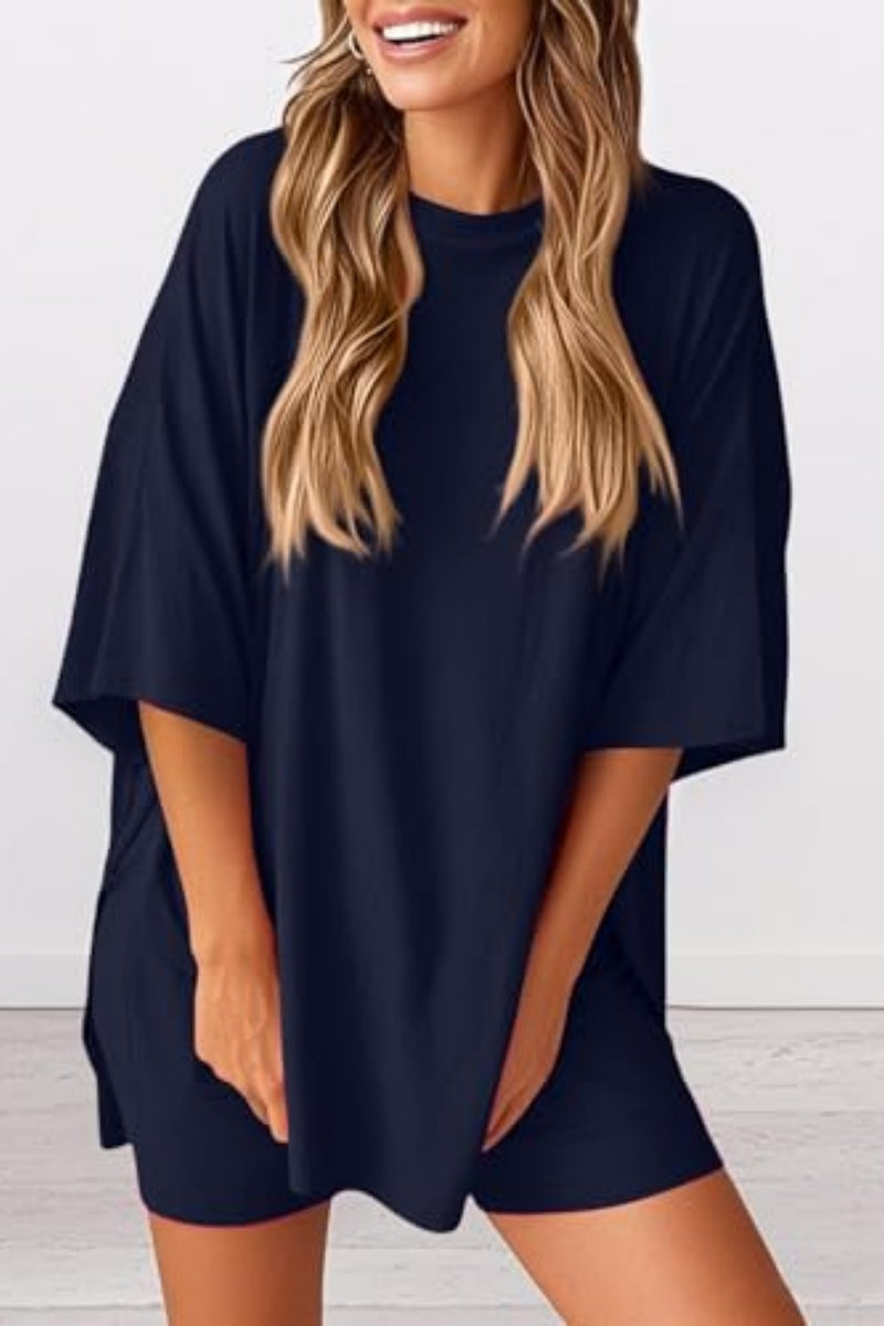 Women 2 Piece Outfits Crew Neck Oversized Tshirts and Biker Shorts with Pocket Matching Lounge Sets