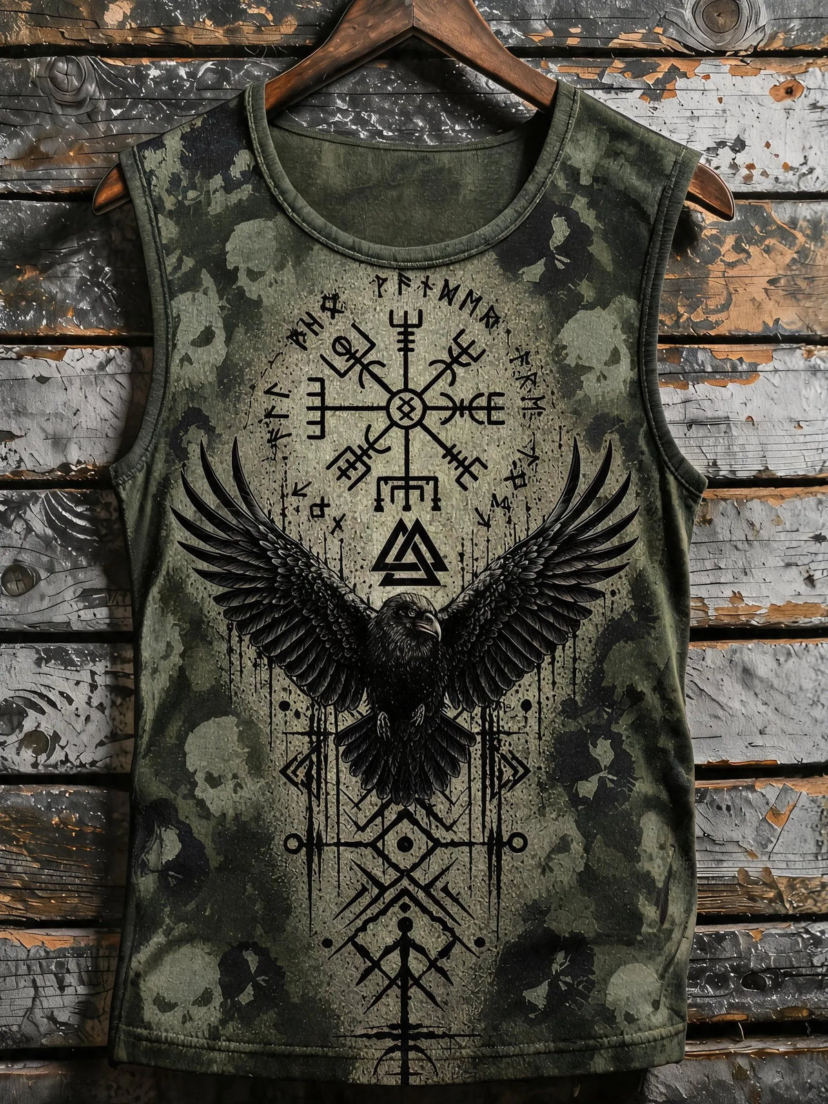 Men's Vintage Viking-Pattern Crew-Neck Tank Top