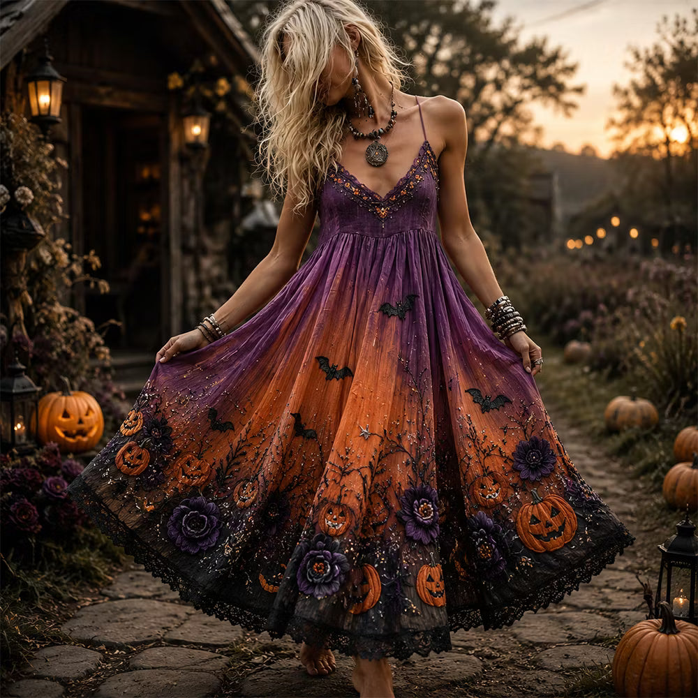 Women's Halloween Gothic Purple & Orange Ombre Pumpkin & Bat Print Maxi Dress