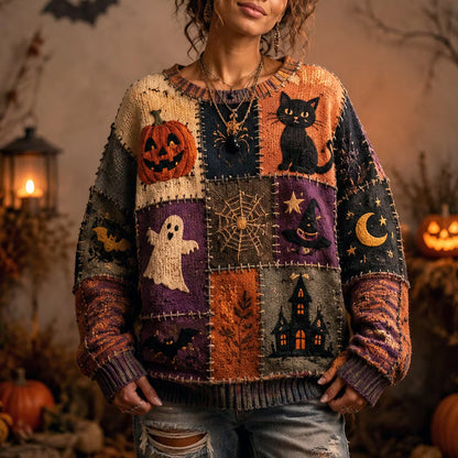 Women's Retro Halloween Style Cat, Ghost, And Pumpkin Patchwork Print Sweater