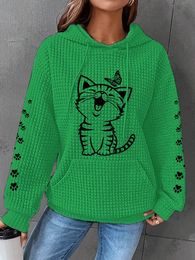 Women's Cute Cat Graphic Cat Lovers Casual Waffle Hoodie