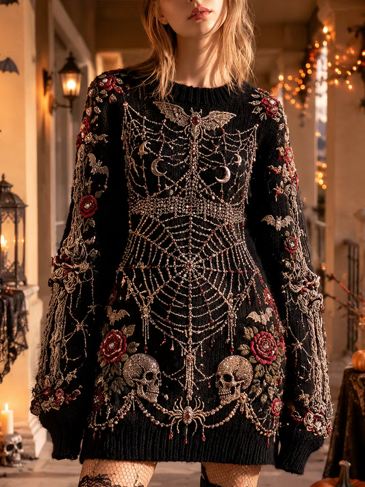 Women's Halloween Gothic Black Spiderweb, Skulls & Roses Embroidered Sweater Dress
