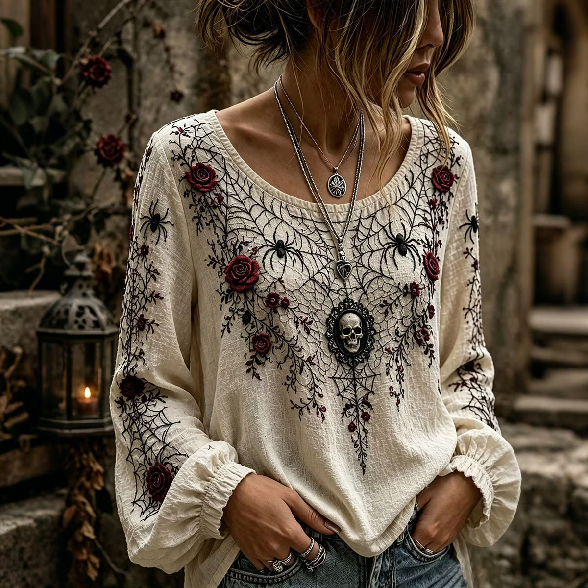 Women's Retro Skull Rose Spider Round Neck Cotton Linen Long Sleeve T-shirt