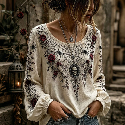 Women's Retro Skull Rose Spider Round Neck Cotton Linen Long Sleeve T-shirt