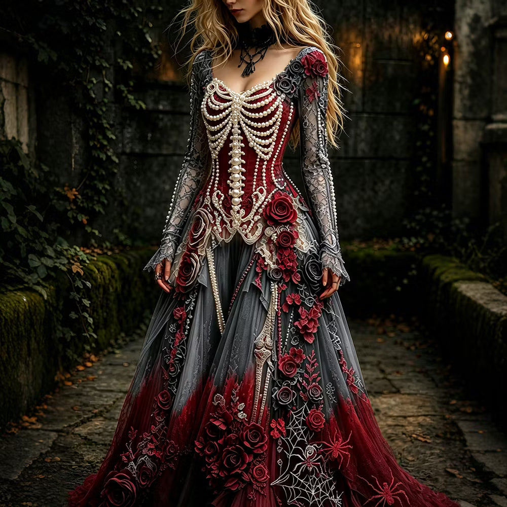 Women's Retro Gothic Skeleton And Rose Pattern Maxi Halloween Dress