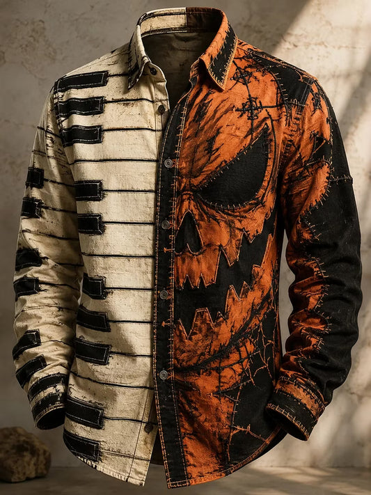 Men's Color-blocked Skull Piano Print Long-sleeved Cotton Linen Shirt