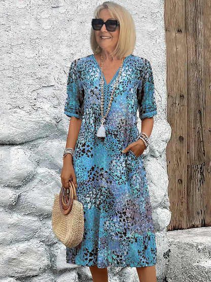 Women's Short Sleeve Summer Leopard Lace Dress V Neck Daily Going Out Casual Knee Length A-Line Khaki