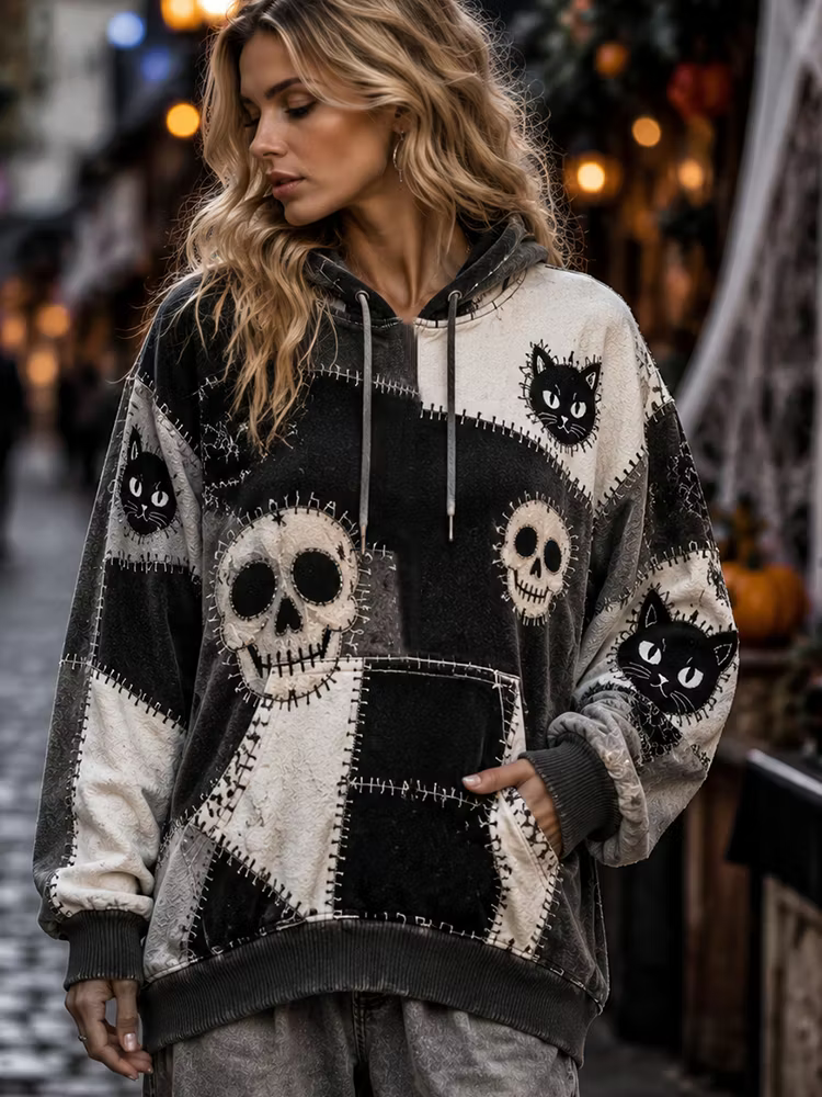 Women's Halloween Patchwork Hoodie With Skull And Black Cat Prin