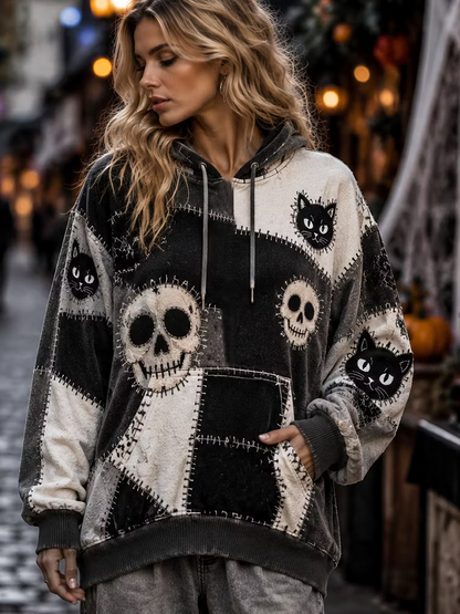 Women's Halloween Patchwork Hoodie With Skull And Black Cat Prin