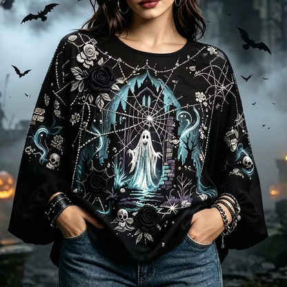 Women's Black Long-sleeved Blouse Decorated With Gothic Ghost, Castle, Spider Web And Rose Patterns.