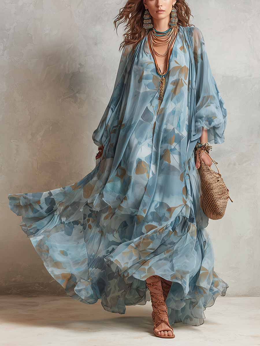 Bohemian Flowing Blue Floral Print Maxi Dress