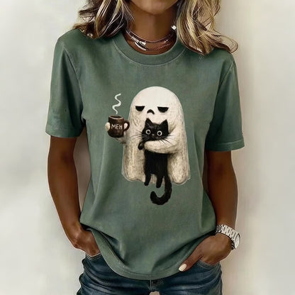 Women's Retro Halloween Ghost And Cat Pattern Crew Neck T-shirt