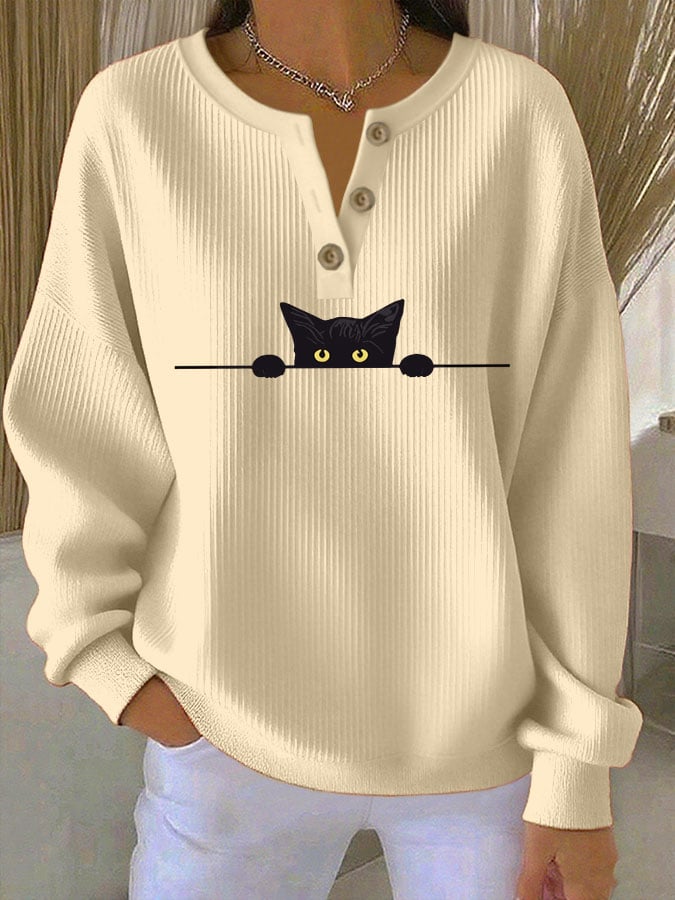 Women's Cat Print Knitted Crew Neck Long Sleeve Top