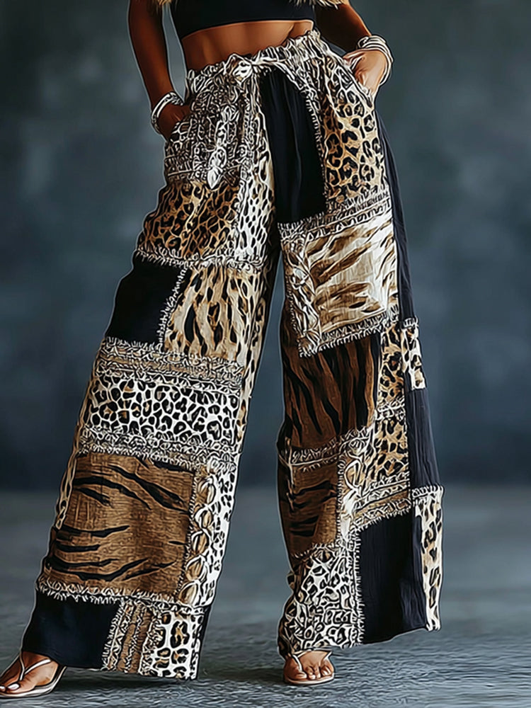 Women's Vintage Leopard And Animal Patchwork Art Print Flowy Linen Blend Casual Pants
