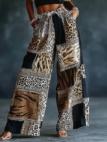 Women's Vintage Leopard And Animal Patchwork Art Print Flowy Linen Blend Casual Pants