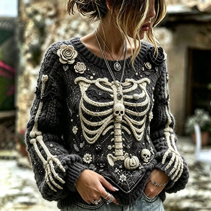 Halloween Human Skeleton And Floral Art Patchwork Stitched Comfortable Color-block Casual Crewneck Sweater