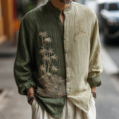 Men's Contrast Color Japanese Art Bamboo Pattern Long Sleeve Shirt