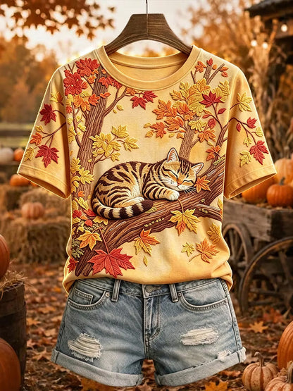 Women's Retro Cat Maple Leaf Vacation Round Neck Cotton Linen Top