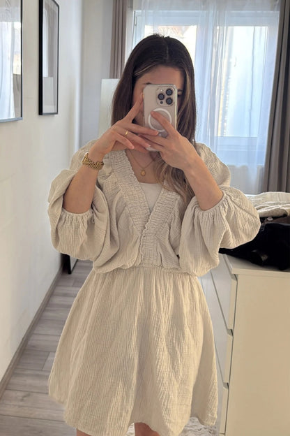 Cheesecloth Ruched Detail V-Neck Dress
