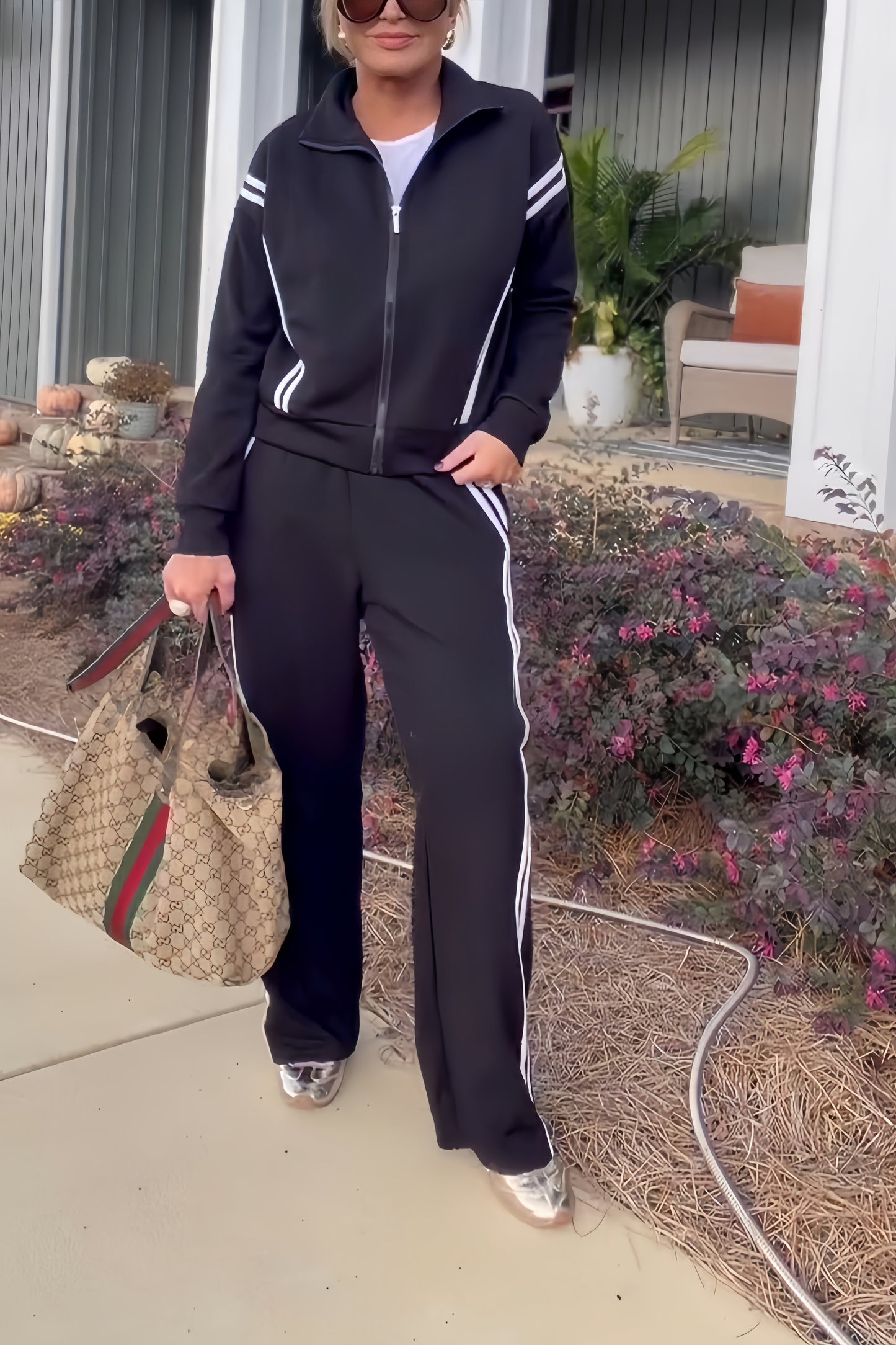 Zippered Tracksuit With Color-blocked Striped Wide-leg Pants