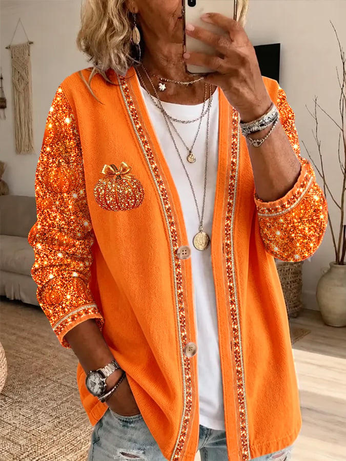 Women's Autumn Sequin Pumpkin Print Cardigan