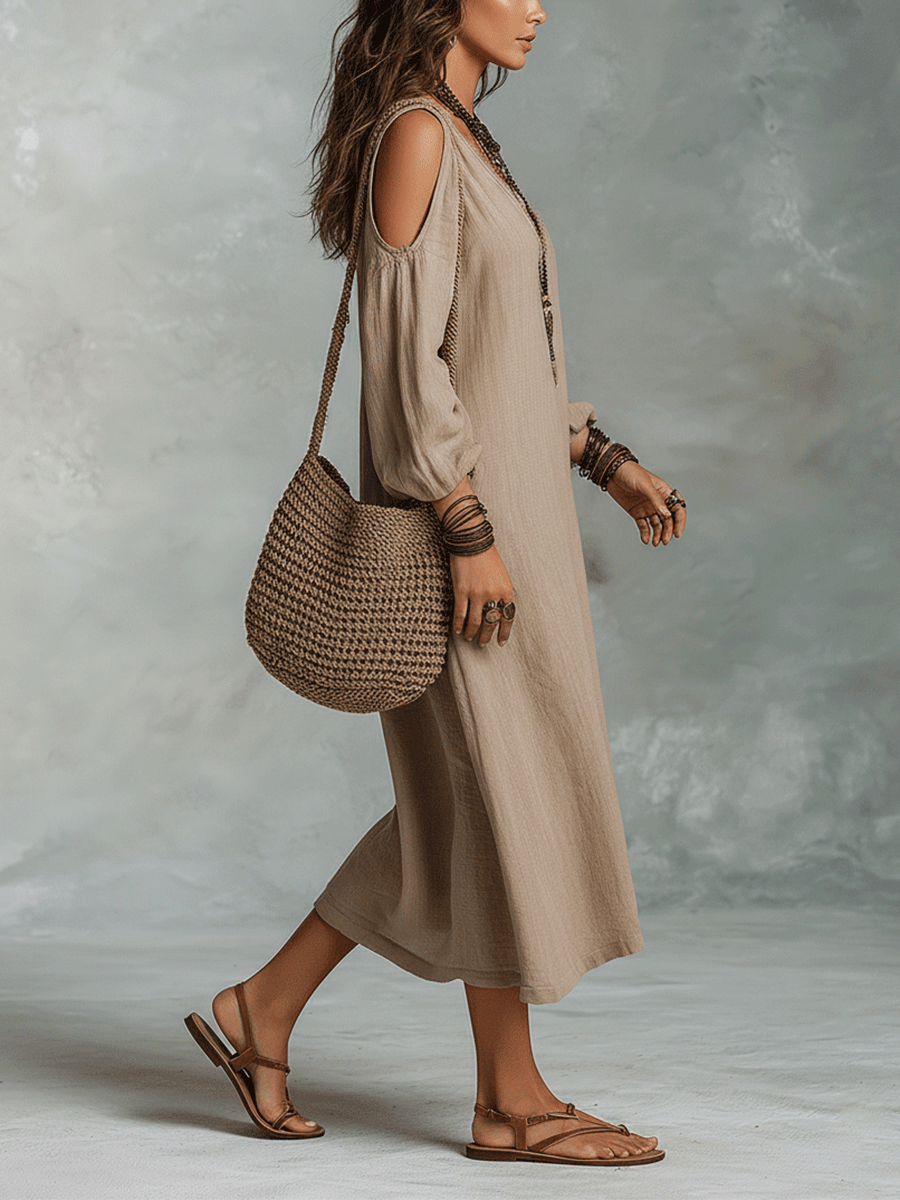 Relaxed Bohemian Cold-Shoulder Linen Midi Dress