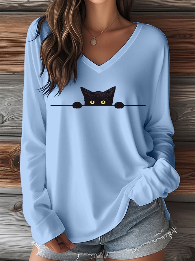 Women's Cat Print V-Neck Long Sleeve T-Shirt