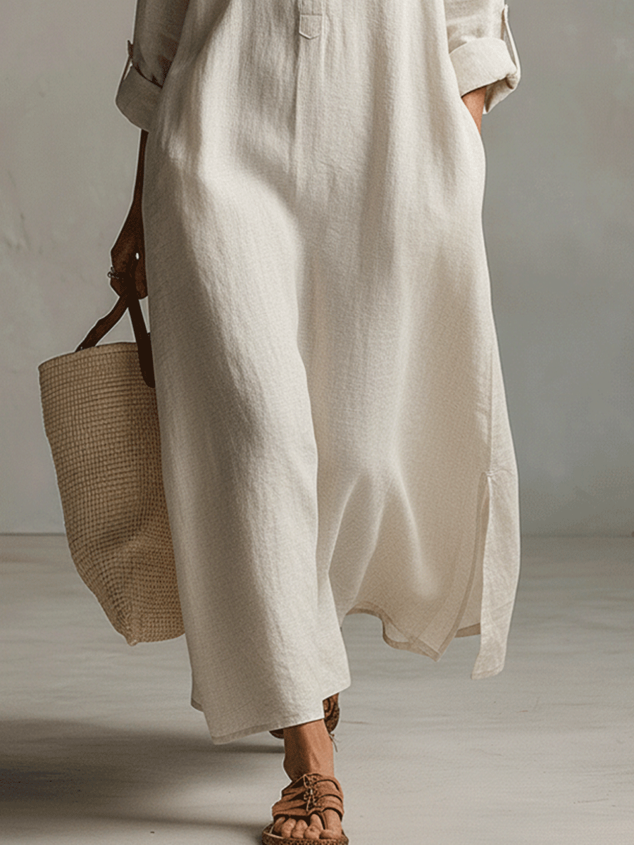 Vintage Lightweight Linen Maxi Shirt Dress In Natural Cream