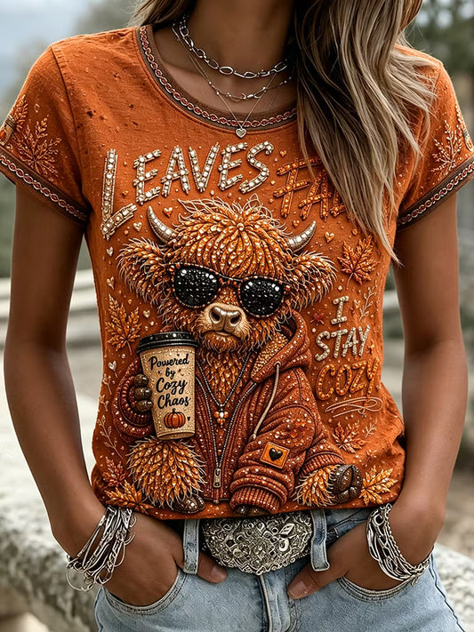 Women's Autumn Highland Cow Art Print Crew Neck Short Sleeve Casual T-shirt
